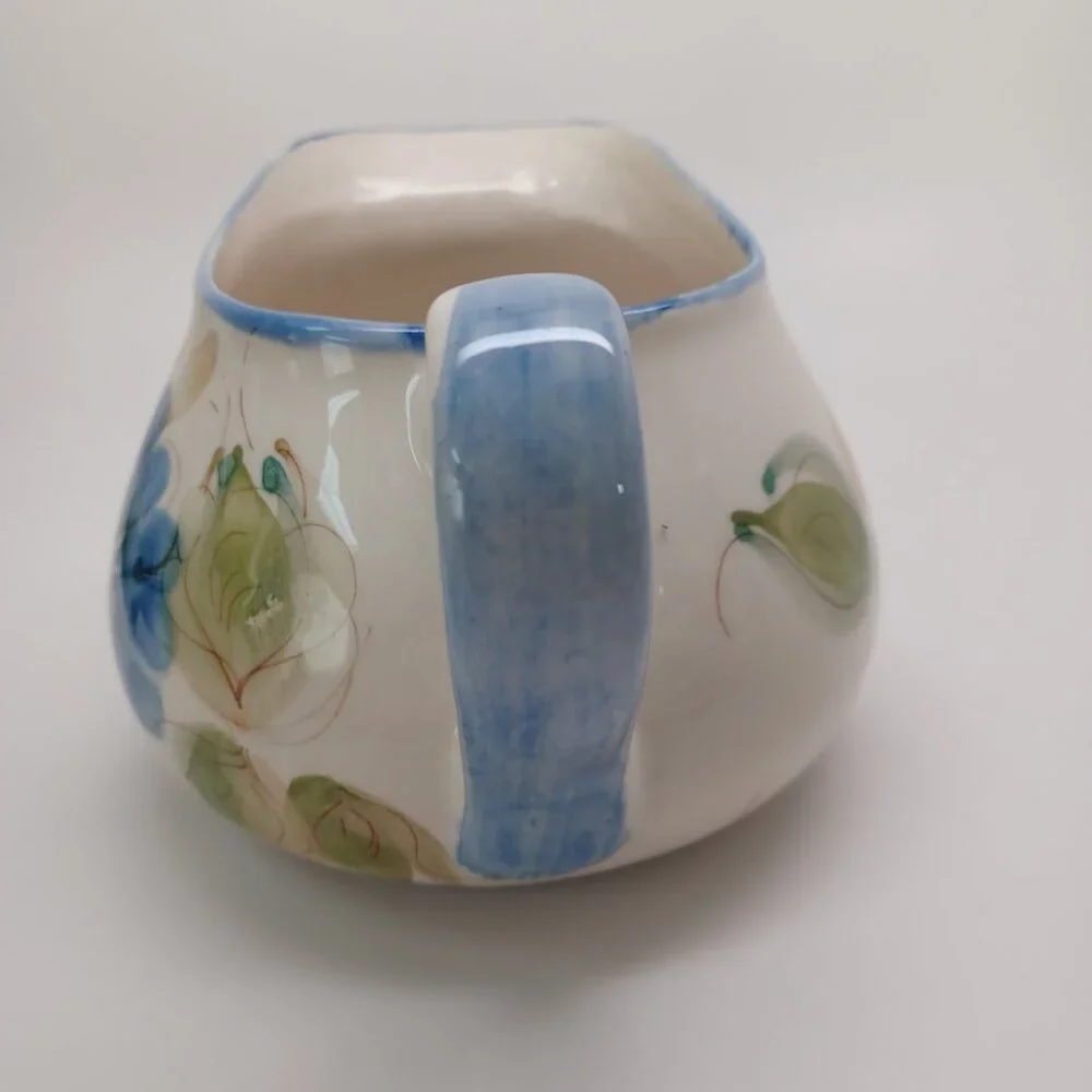 Blue Floral Pitcher Made In Portugal Secla Vintage Flower Leaf Print Wide Mouth‎